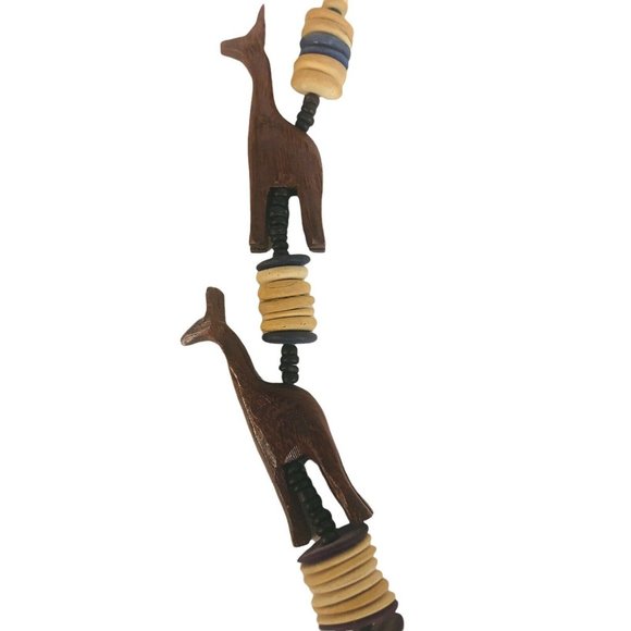 Wood Carved Animal Necklace Giraffe Elephant Brown Blue Purple Barrel Clasp 27” - Picture 2 of 7